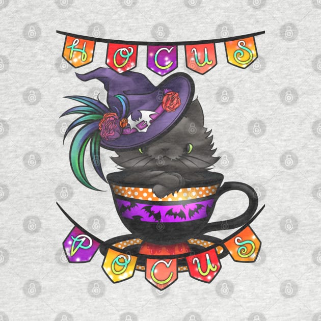 "Hocus Pocus" Black Witch Cat in a Halloween Teacup by SamInJapan